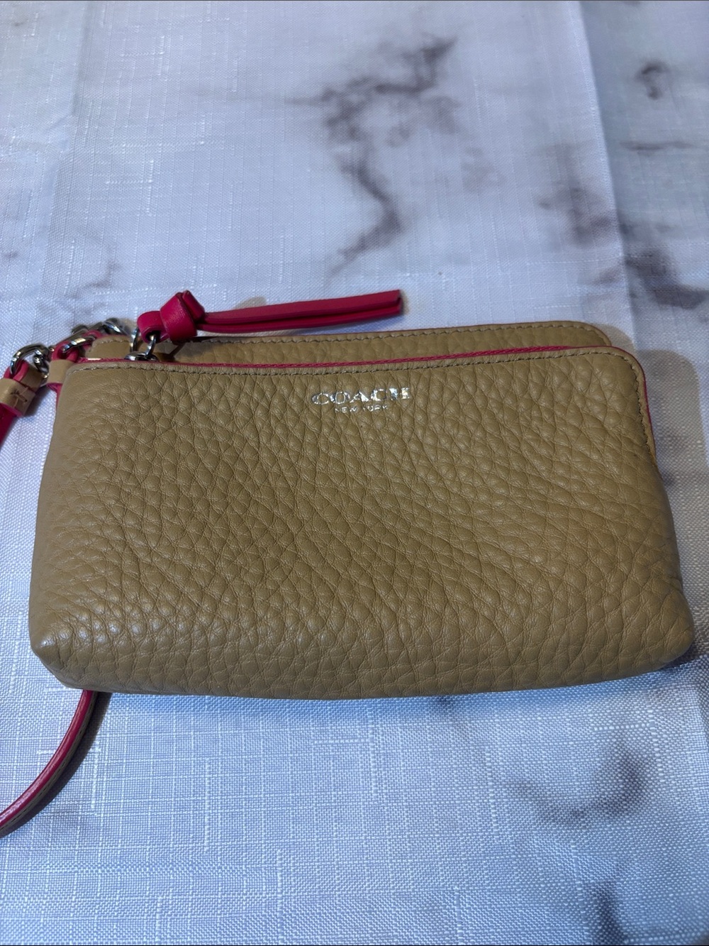 Coach Pebbled Leather Wristlet in Tan with Pink Accents